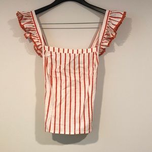 Maeve By Anthropologie Striped Smocked Cross Back Crop Top Red White sz M